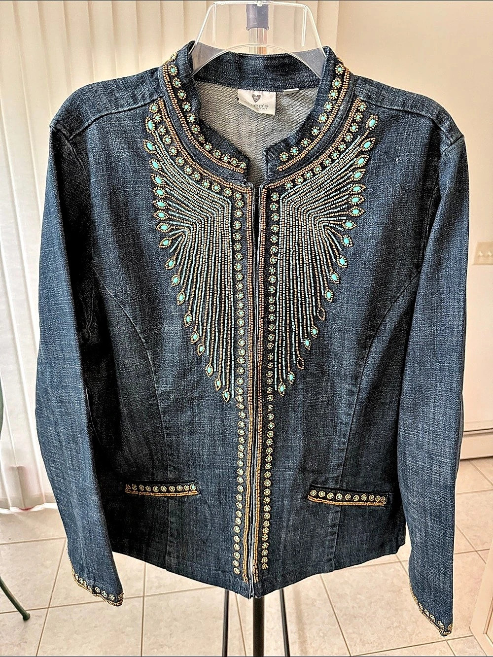 Chico's Embellished Denim Jacket in Blue